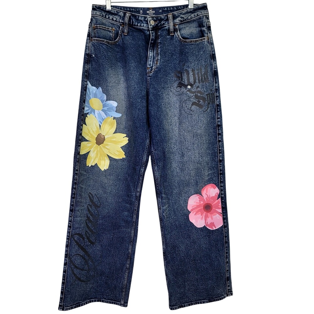 Hollister High Rise Wide Leg Floral Graphic Jeans Dark Wash 11R W30 Wild Spirit